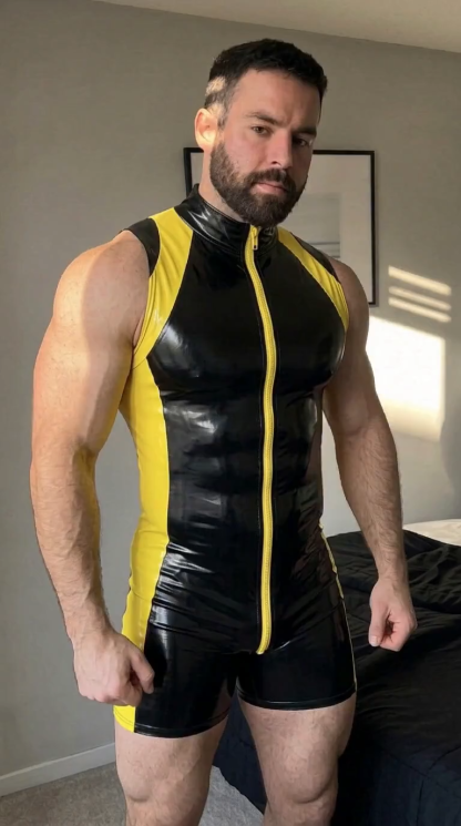 Mysteryglove Black & Neon Green Gloss PU Leather Singlet Bodysuit, Front Zip + Open-Seat Back + Contrast Panels
