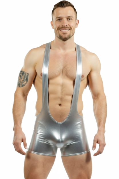 Mysteryglove Men's Shiny Silver Open-Back Athletic Bodysuit