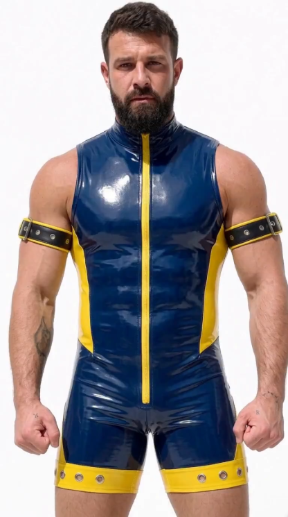 Mysteryglove Navy Blue & Yellow Gloss PU Leather Bodysuit, Front Zip One-Piece with Open-Back Cutout + Arm Bands