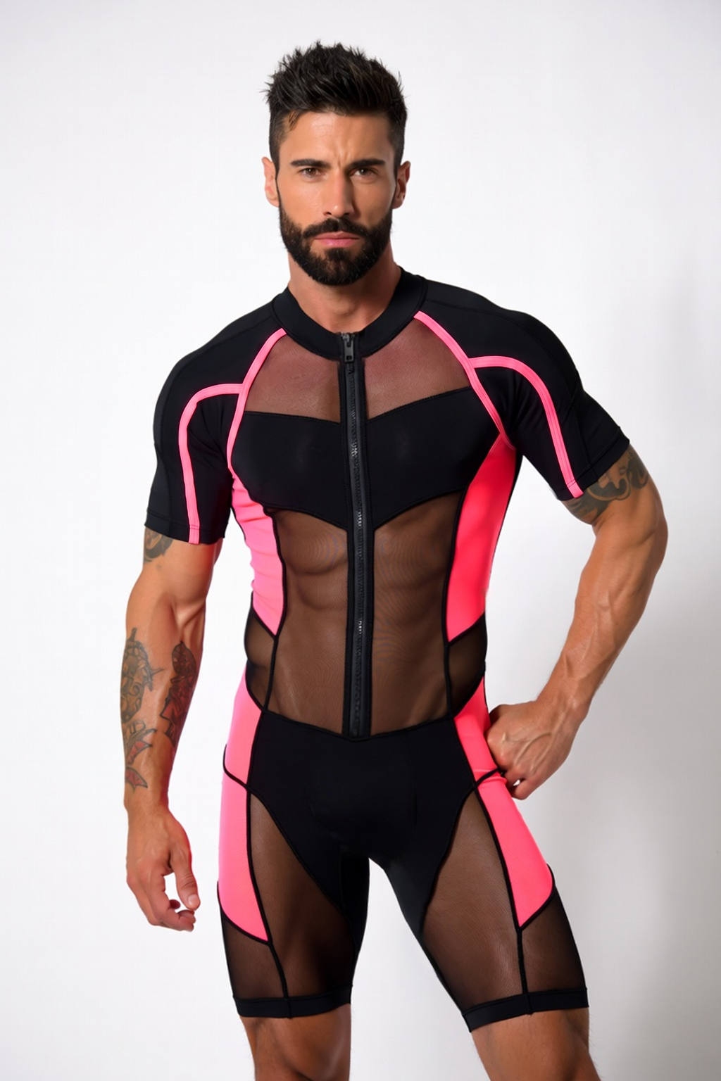 Mysteryglove Black & Pink Mesh Bodysuit — Short Sleeve, Sheer Panels, Front Zip
