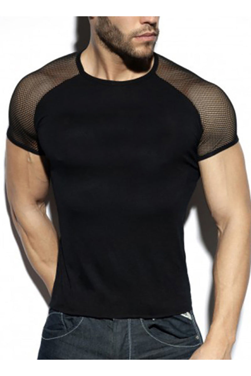 Mesh See Through Patchwork Short Sleeve Round Neck T-shirt