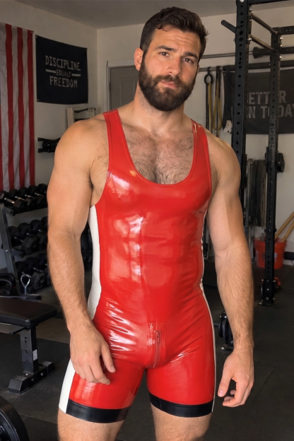 Mysteryglove Men's Red PU Leather Harness Style Sleeveless Bodysuit with Zipper Design