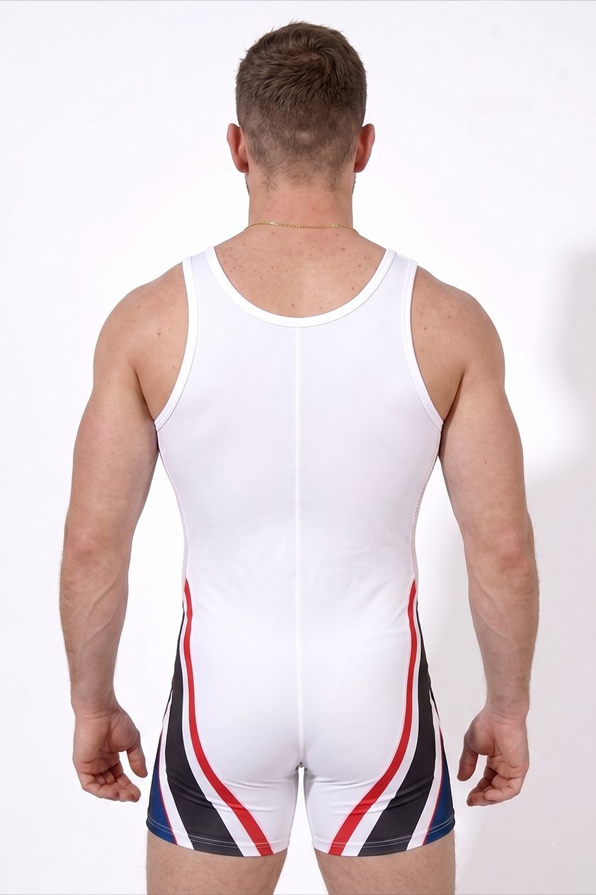 Mysteryglove Men’s White Athletic Mesh Singlet, 13 Print Sleeveless Wrestling Romper