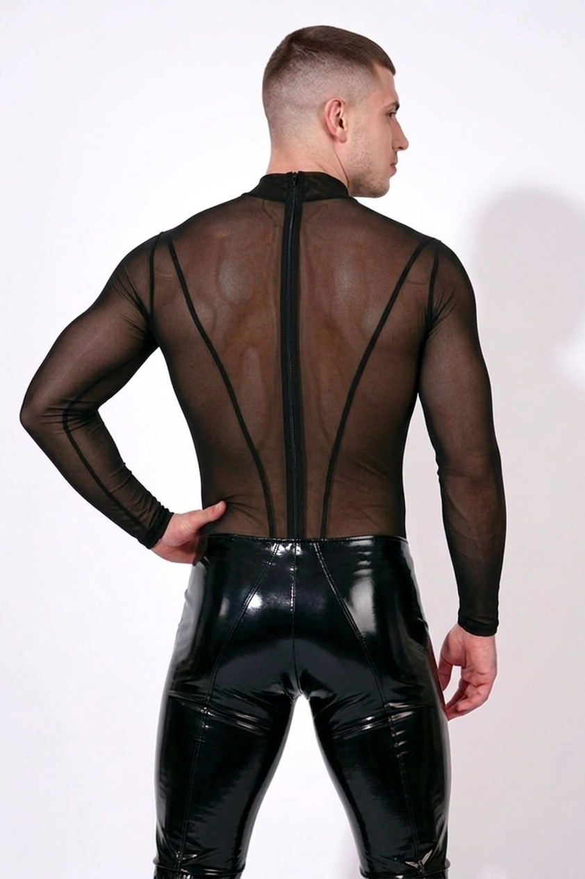 Mysteryglove Men’s Balck One-Piece Bodysuit – Sheer Mesh Top + Shiny PU Leather Bottom, Back Zip