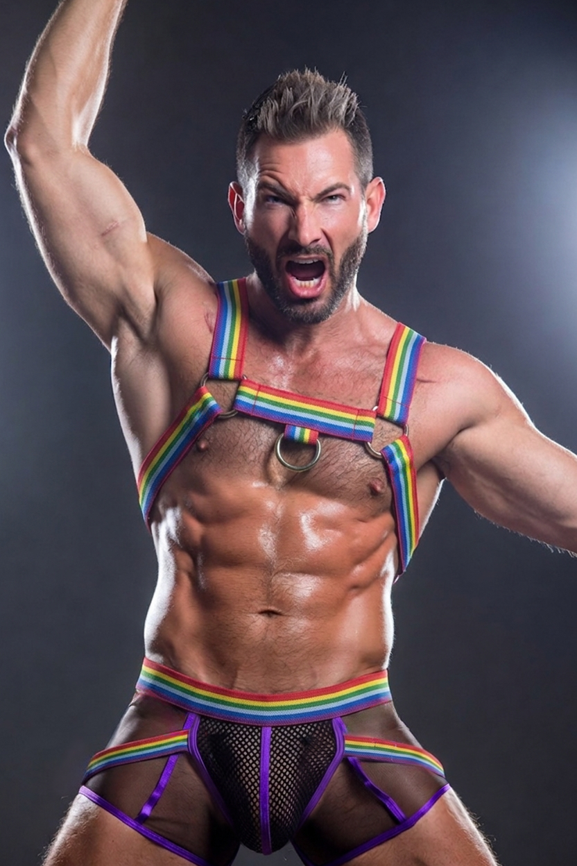 Mysteryglove Rainbow Stripe Men’s Harness Set with Mesh Briefs and Metal Ring Detail