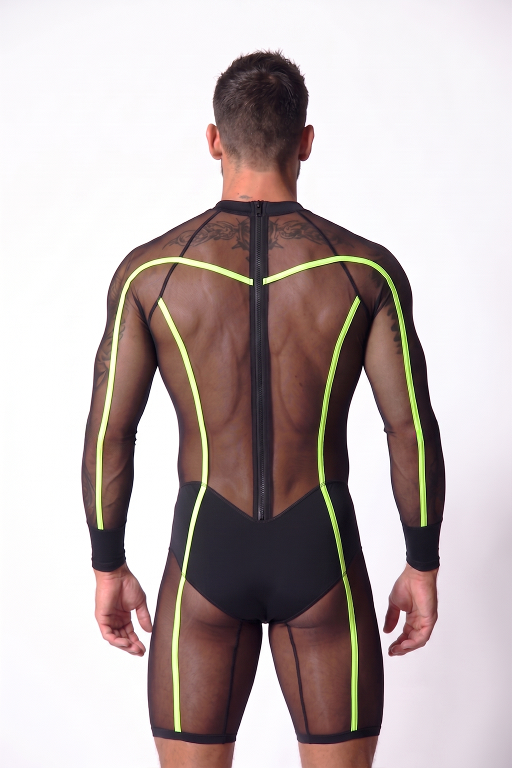 Mysteryglove Sheer Mesh Catsuit — Neon Green Trim, Long Sleeves, Front Zip