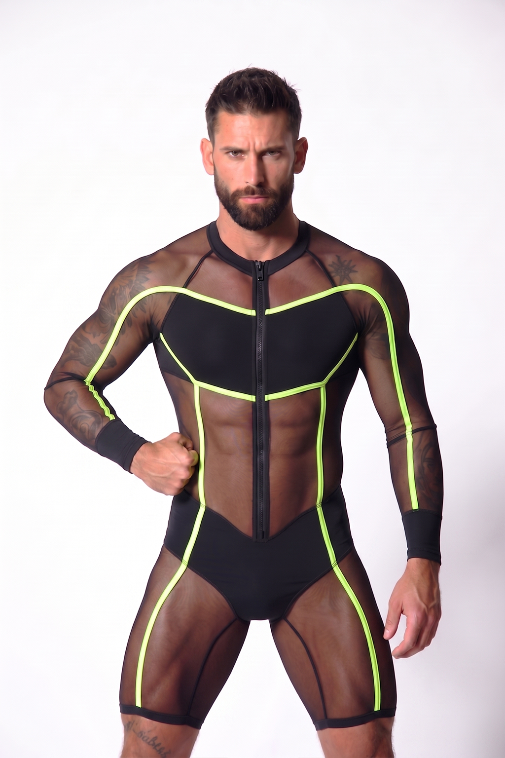 Mysteryglove Sheer Mesh Catsuit — Neon Green Trim, Long Sleeves, Front Zip