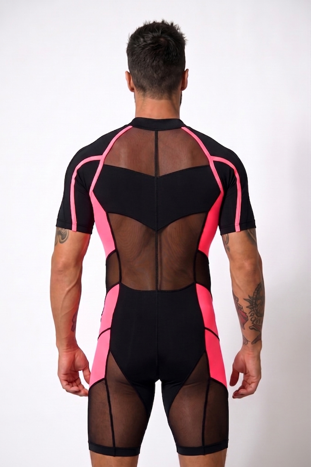 Mysteryglove Black & Pink Mesh Bodysuit — Short Sleeve, Sheer Panels, Front Zip