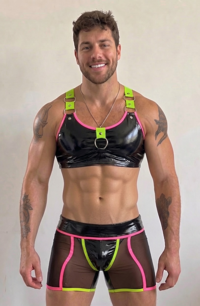 Mysteryglove Glossy Black & Neon Harness Set — O-Ring Crop Top + Sheer Mesh Boxer Briefs