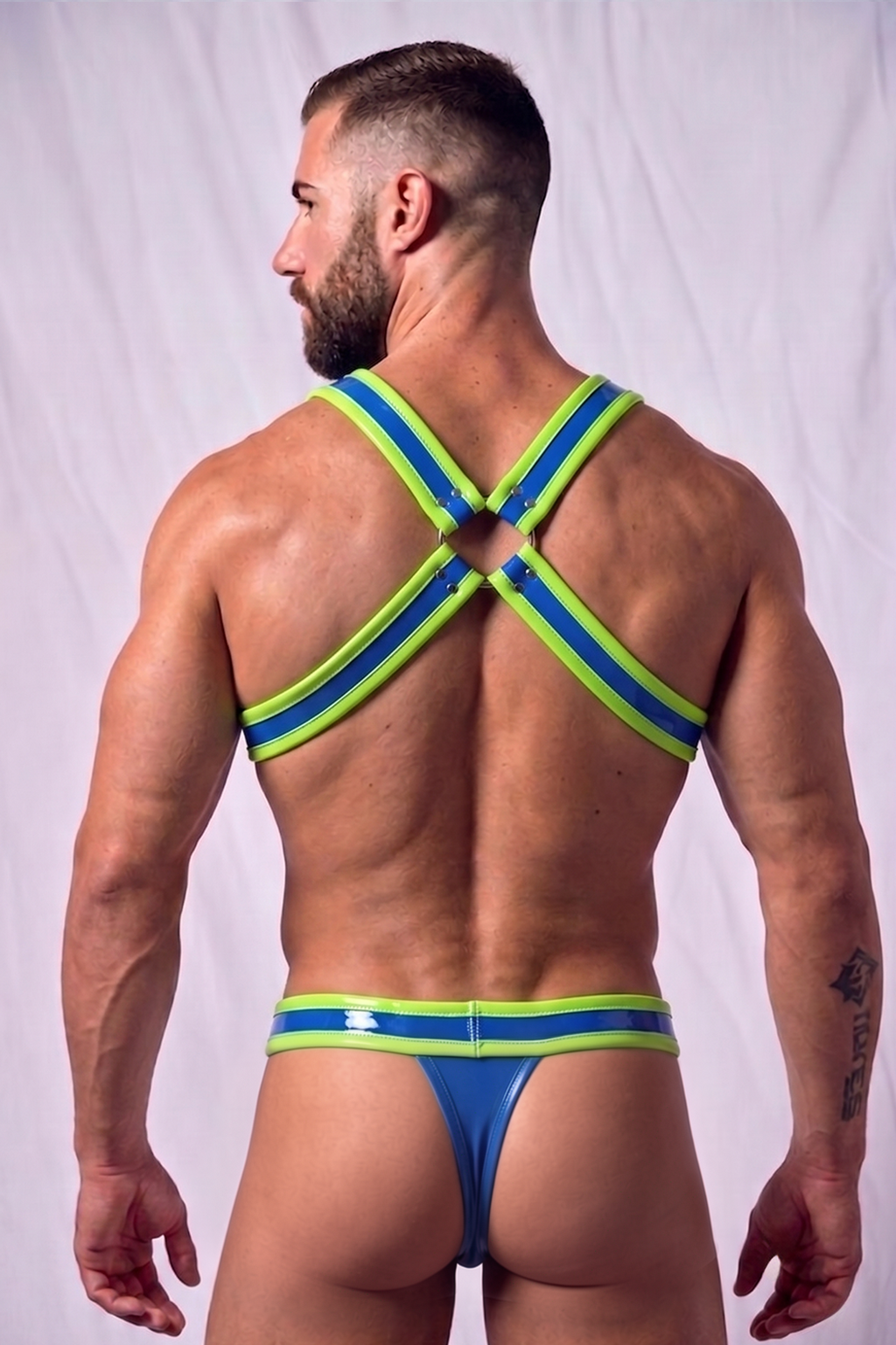 Mysteryglove Electric Blue & Lime Harness Set — Glossy Chest Harness + Matching Pouch Brief