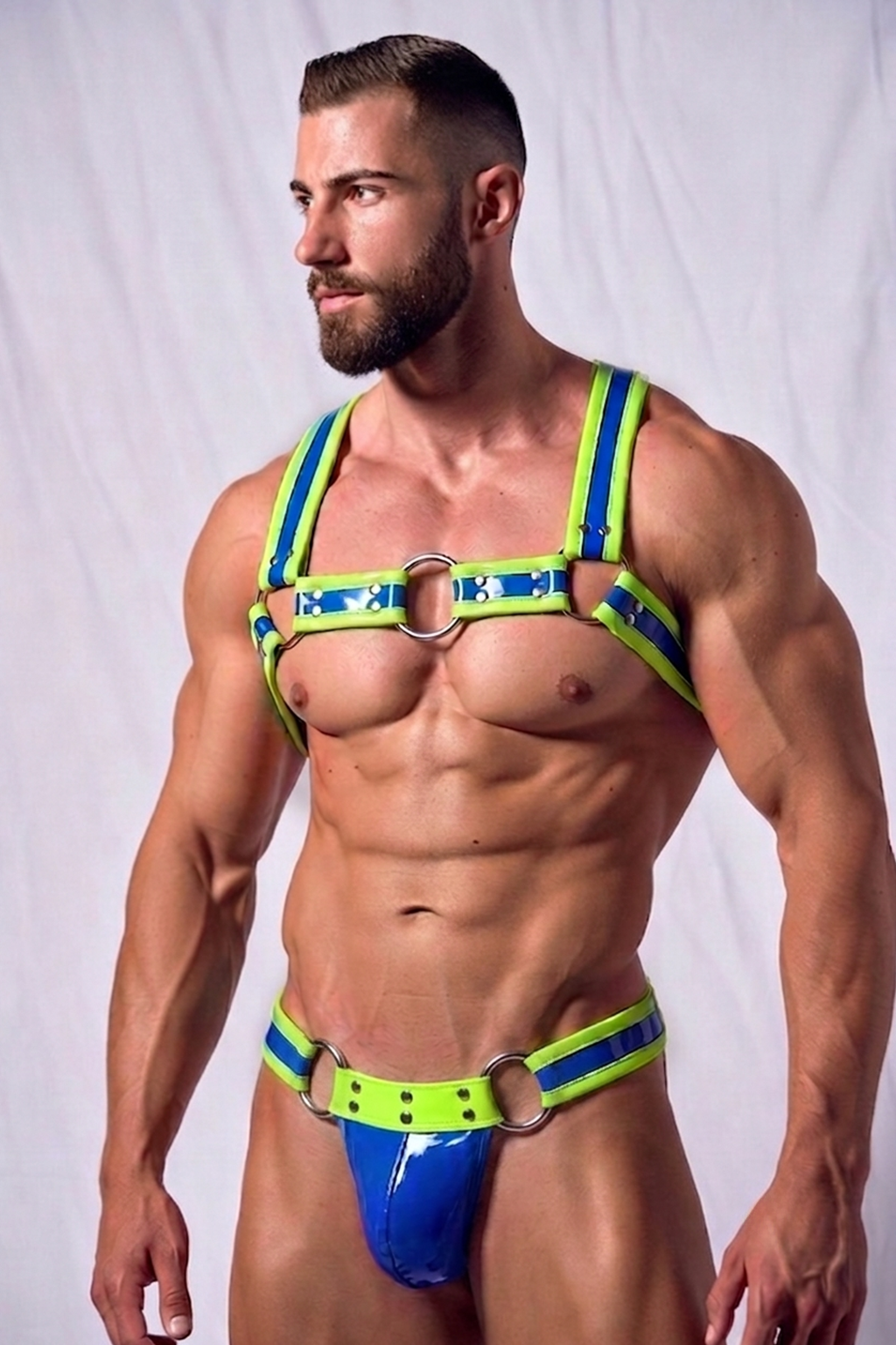 Mysteryglove Electric Blue & Lime Harness Set — Glossy Chest Harness + Matching Pouch Brief