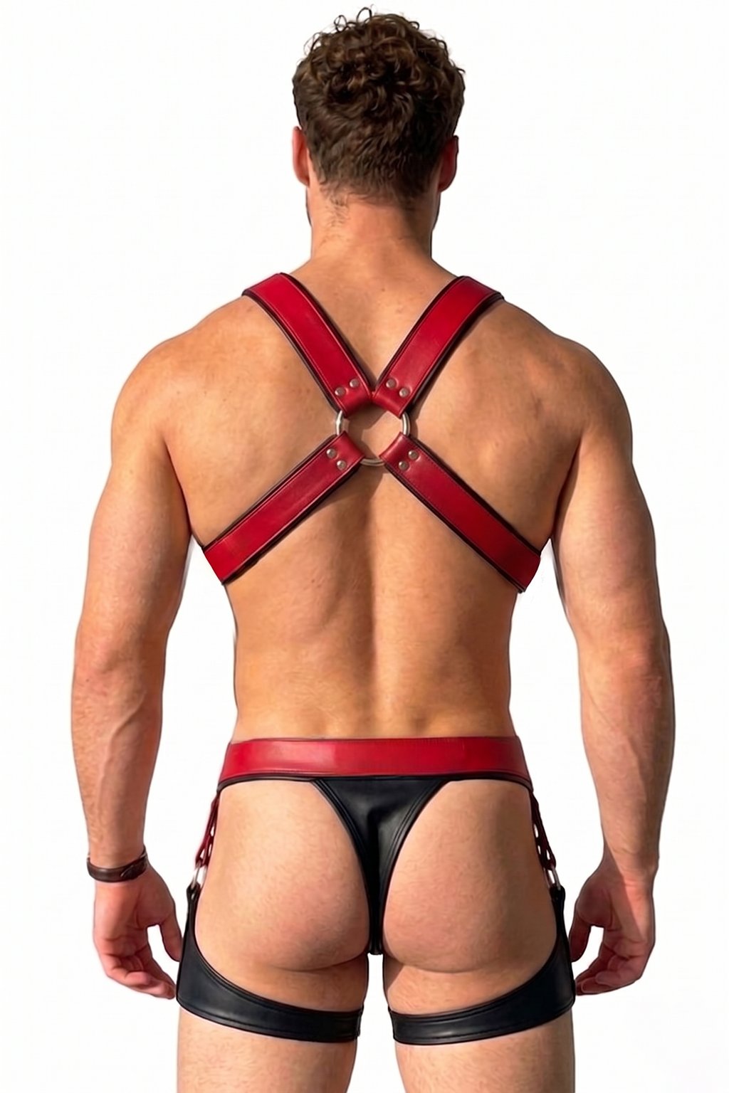 Mysteryglove Red & Black PU Leather Harness Set — O-Ring Chest Harness + Strappy Jock with Thigh Bands