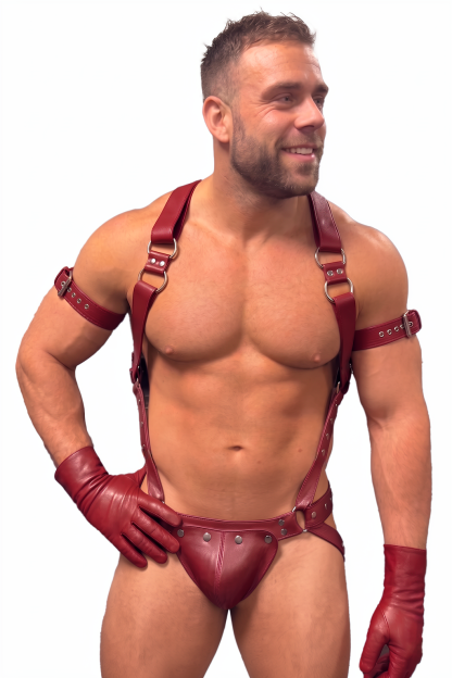 Mysteryglove Burgundy PU Leather Harness Set — O-Ring Back Straps + Metallic Jockstrap (No Gloves/Armbands)