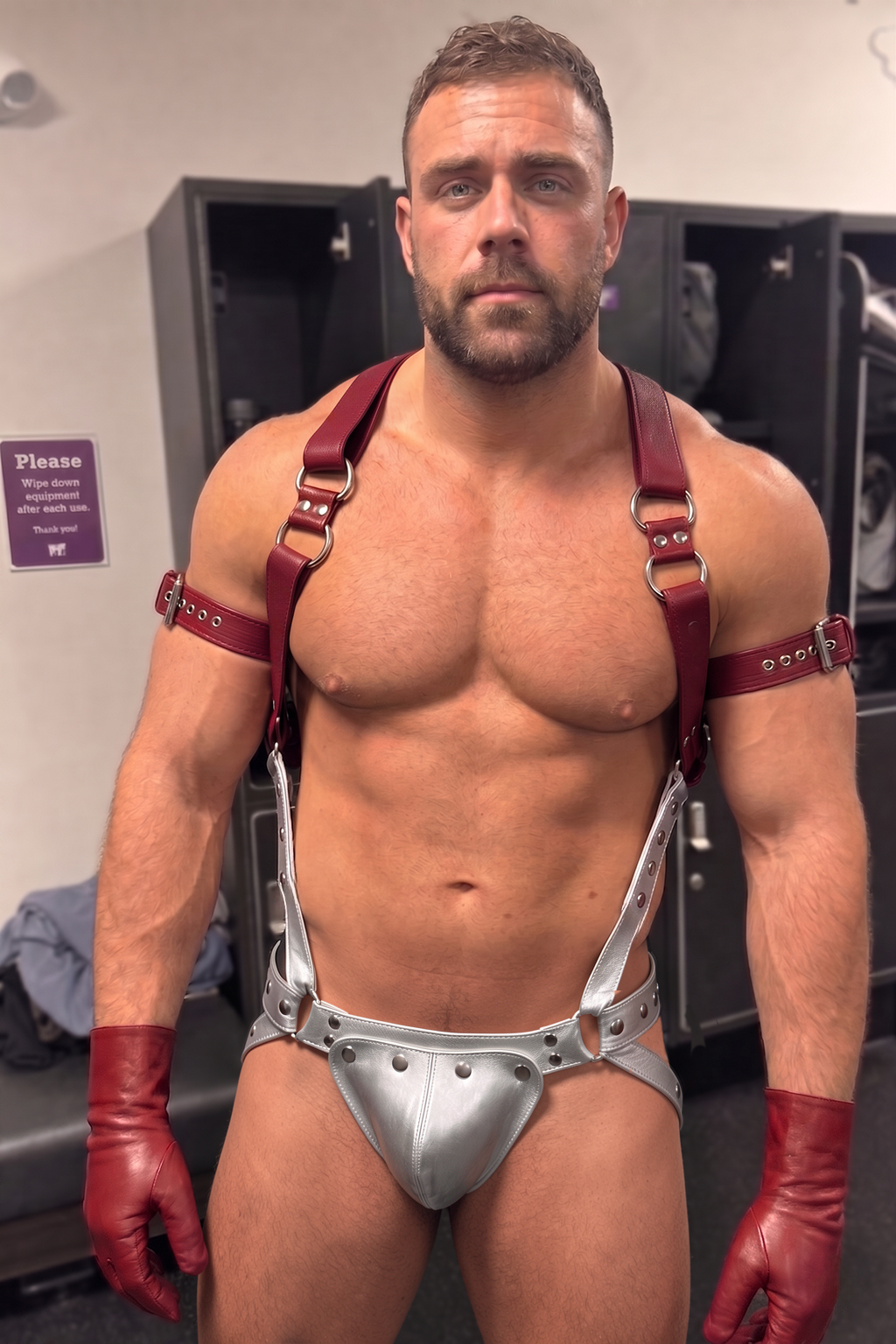 Mysteryglove Burgundy PU Leather Harness Set — O-Ring Back Straps + Metallic Jockstrap (No Gloves/Armbands)