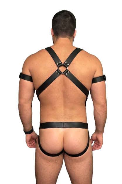 Mysteryglove Black PU Leather Harness Set — O-Ring Back Straps + Metallic Jockstrap (No Gloves/Armbands)