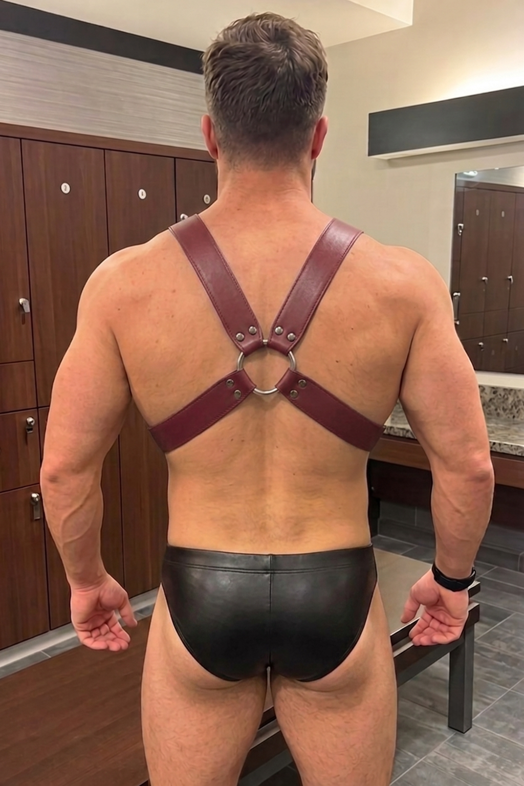 Mysteryglove Men’s PU Leather Harness & Brief — Adjustable Buckle Straps, Metal Ring Front, Sleek Two-Tone