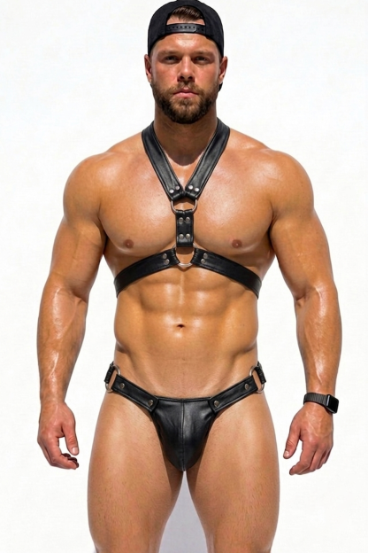 Mysteryglove Black PU Leather Harness Set — D-Ring Chest Harness + Matching Pouch Brief