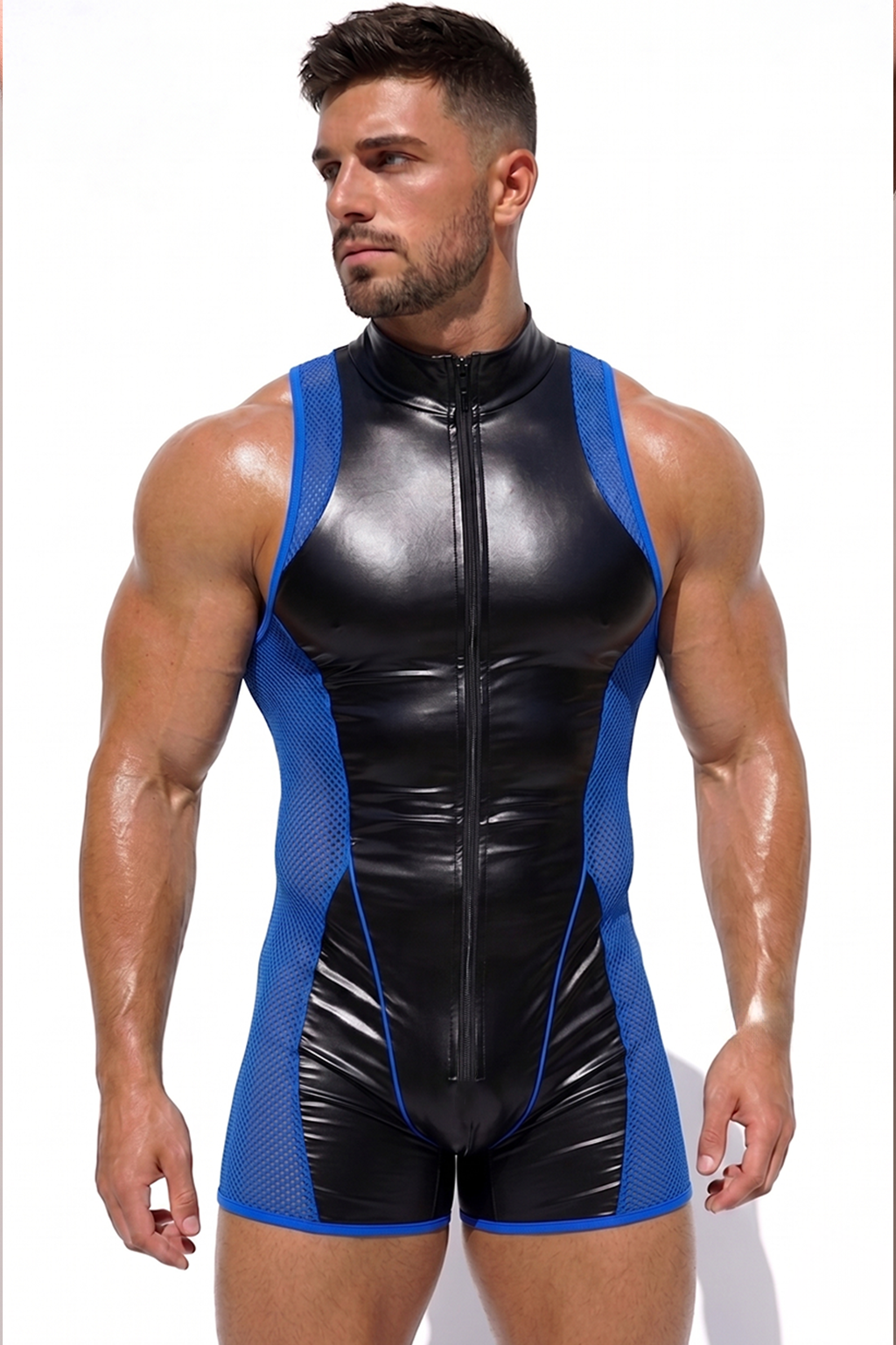 Mysteryglove Men’s PU Leather & Mesh Romper — Full Front Zip, Blue/Black