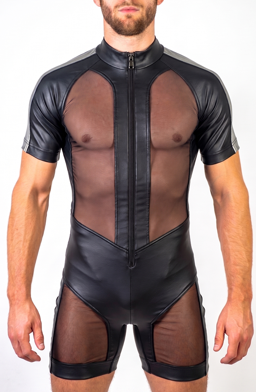 Mysteryglove Men’s PU Leather & Sheer Mesh Shorty Bodysuit — Stand Collar, Front Zip