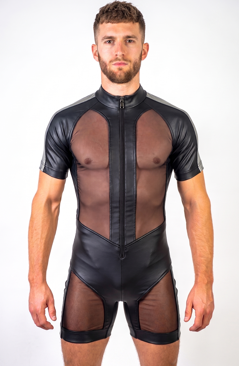 Mysteryglove Men’s PU Leather & Sheer Mesh Shorty Bodysuit — Stand Collar, Front Zip