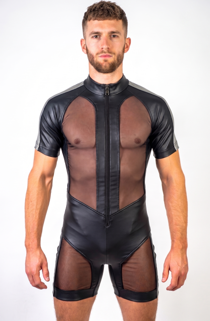 Mysteryglove Men’s PU Leather & Sheer Mesh Shorty Bodysuit — Stand Collar, Front Zip