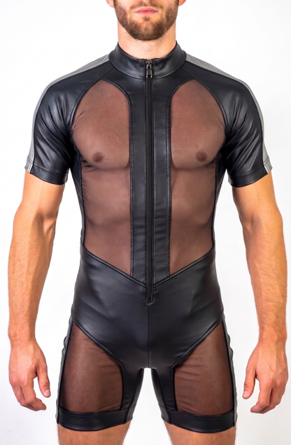 Mysteryglove Men’s PU Leather & Sheer Mesh Shorty Bodysuit — Stand Collar, Front Zip