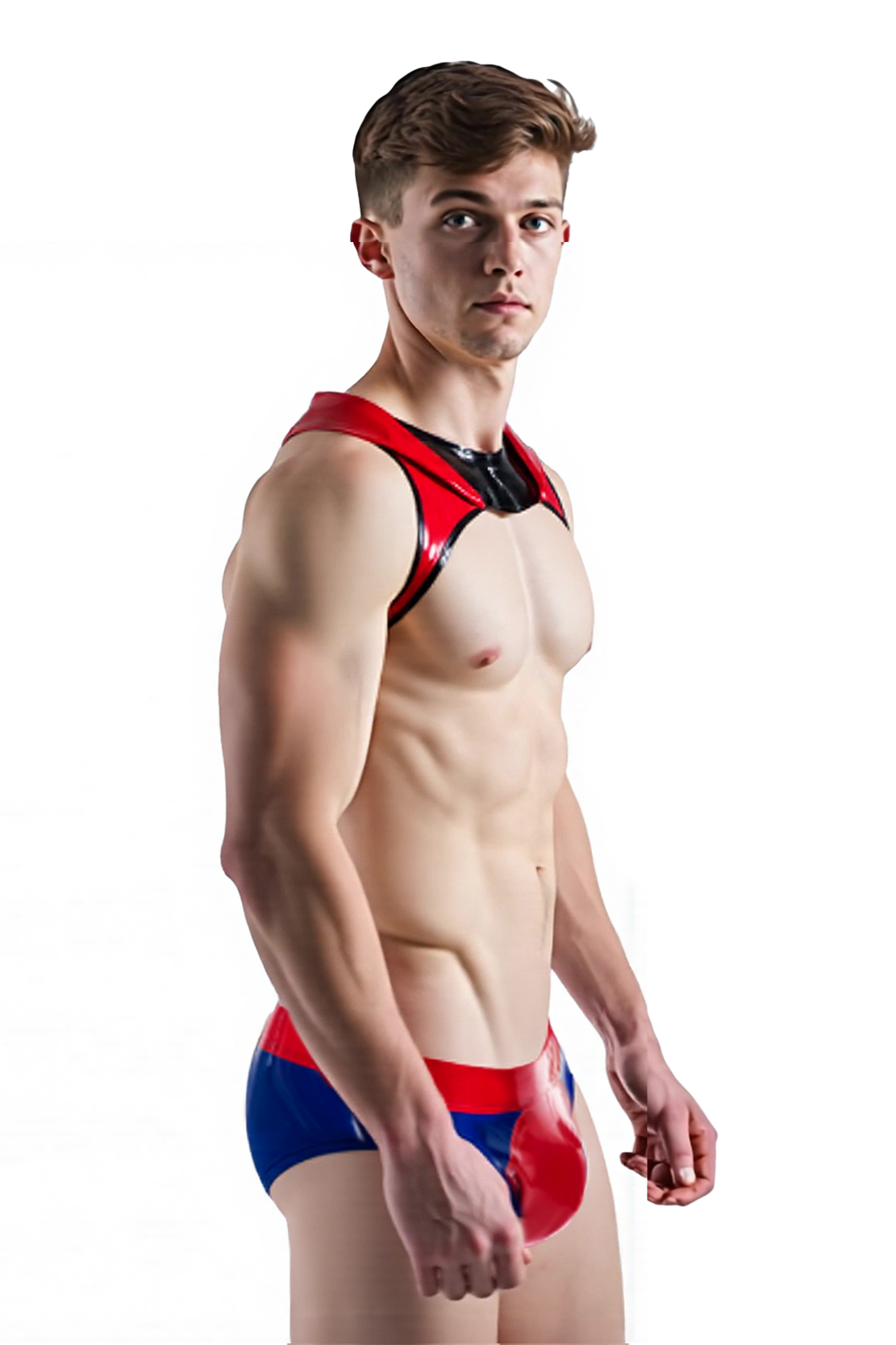 Mysteryglove Men's Shiny PU Leather Hooded Harness Set – Red & Black Vest with Blue-Red Briefs