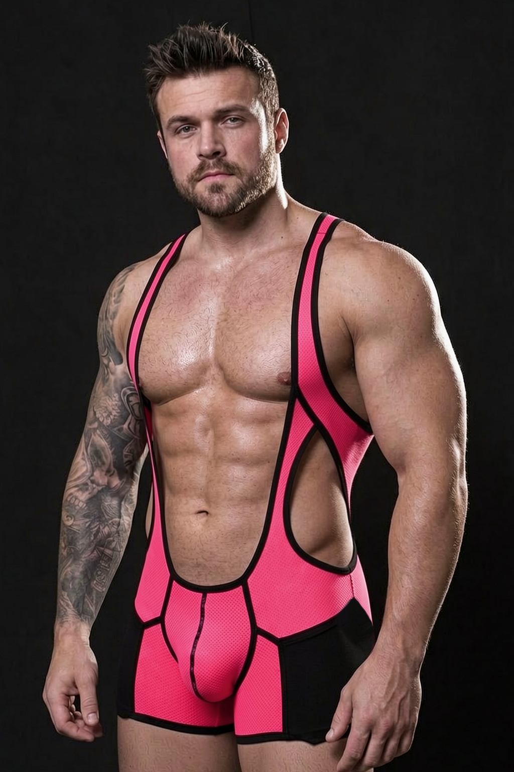 Mysteryglove Men’s Pink Mesh Singlet Bodysuit with Front Zipper 