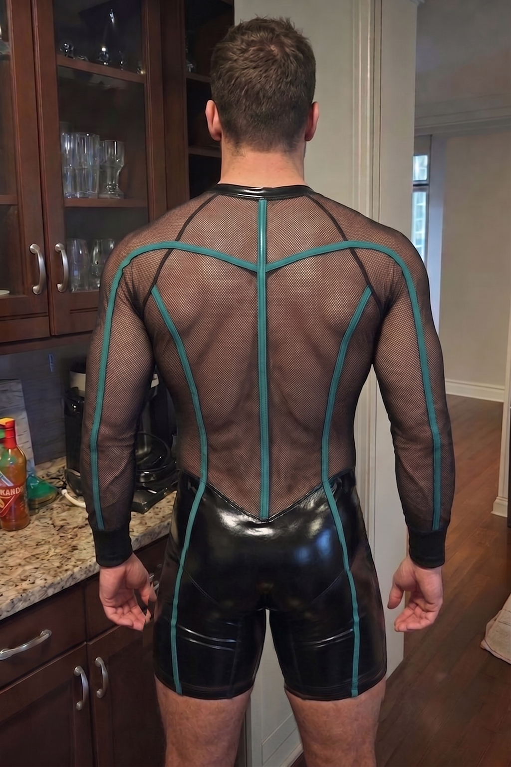 Mysteryglove PU Leather & Mesh Long Sleeve Bodysuit — Front Zip, Teal Piping, Black