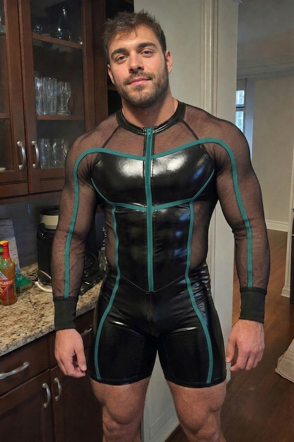 Mysteryglove PU Leather & Mesh Long Sleeve Bodysuit — Front Zip, Teal Piping, Black