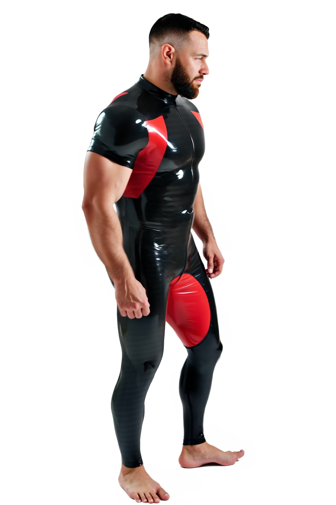Mysteryglove Men's Glossy PU Leather Full Bodysuit – Black & Red Panel Design with Zipper Back