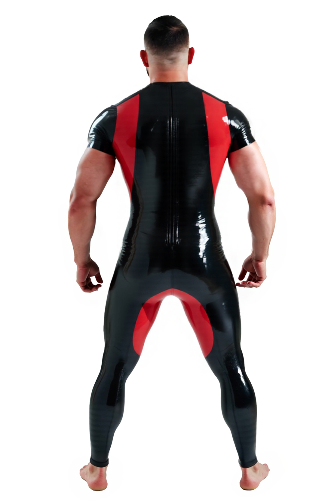 Mysteryglove Men's Glossy PU Leather Full Bodysuit – Black & Red Panel Design with Zipper Back