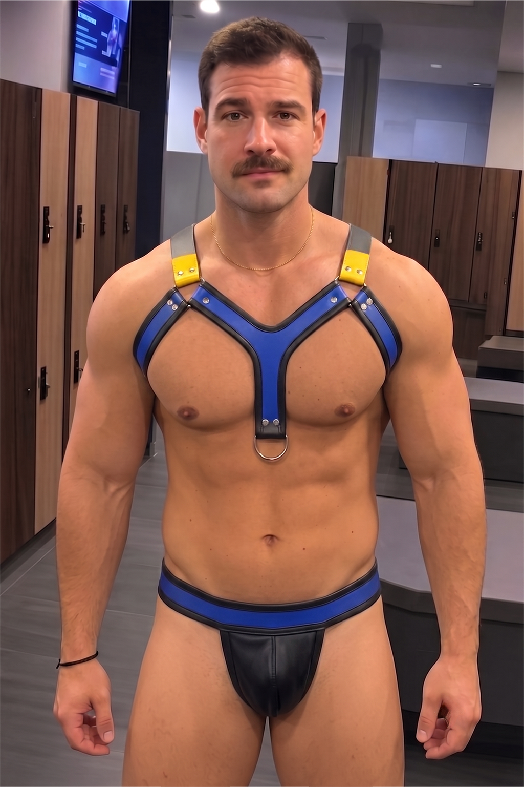 Mysteryglove Blue/Black PU Leather Harness Set — Yellow Shoulder Tabs, D-Ring Chest, Matching Brief
