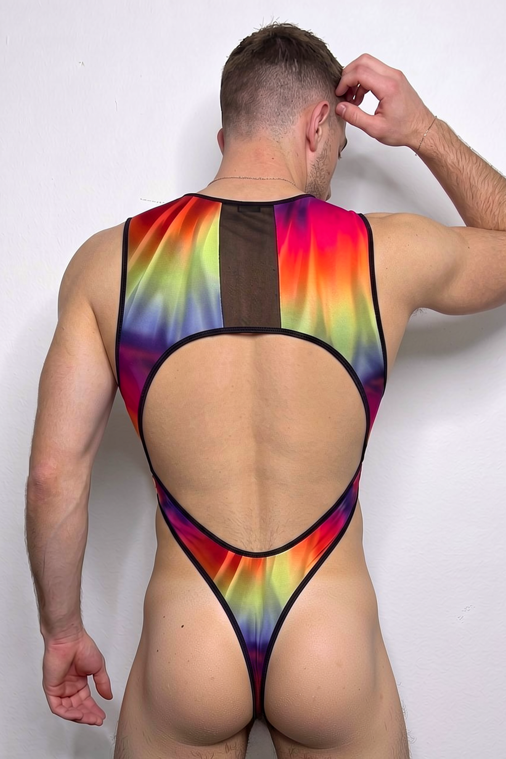 Mysteryglove Pride Gradient One-Piece — Deep Cut Front, Thong Back, Ring-Link Sides
