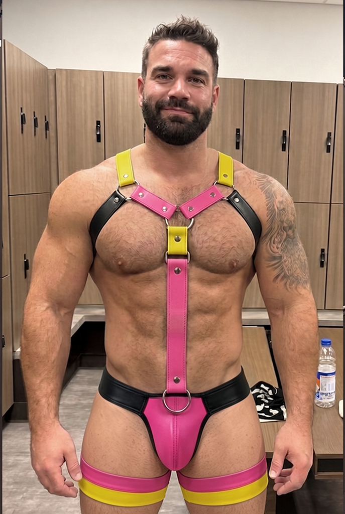 Mysteryglove Pink & Yellow PU Harness Brief Set — Long Center Strap, X-Back Ring, Thigh Bands