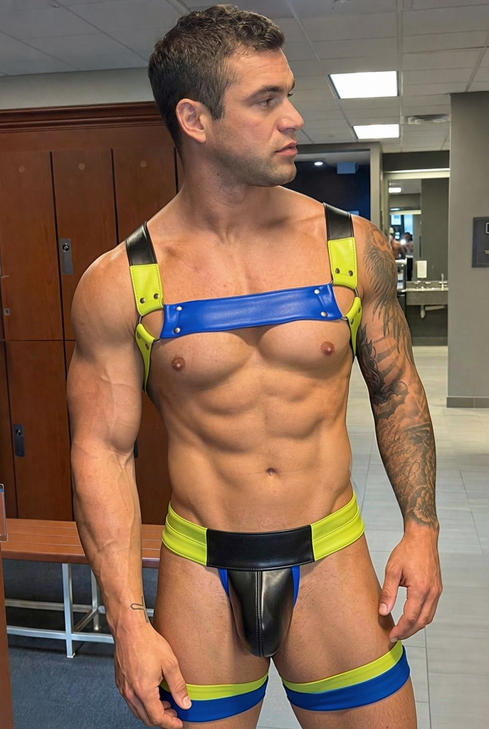 Mysteryglove Blue & Lime PU Harness Set — Chest Bar Strap, X-Back Ring, Matching Brief & Thigh Bands