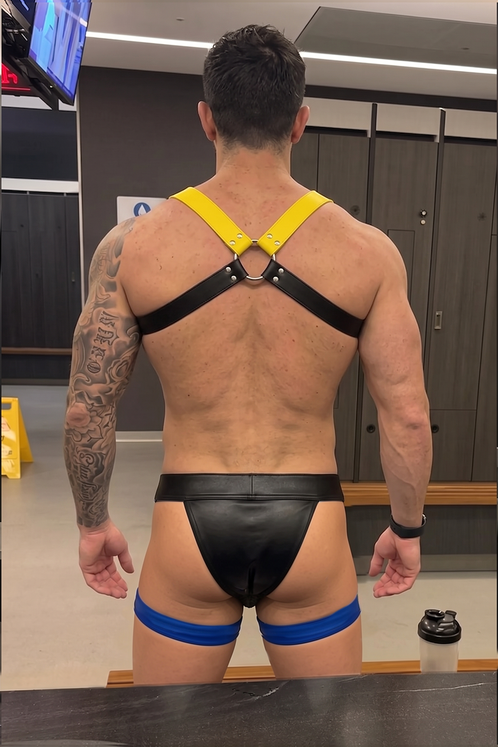 Mysteryglove PU Leather Colorblock Harness Set – Blue/Yellow Straps + Black Brief