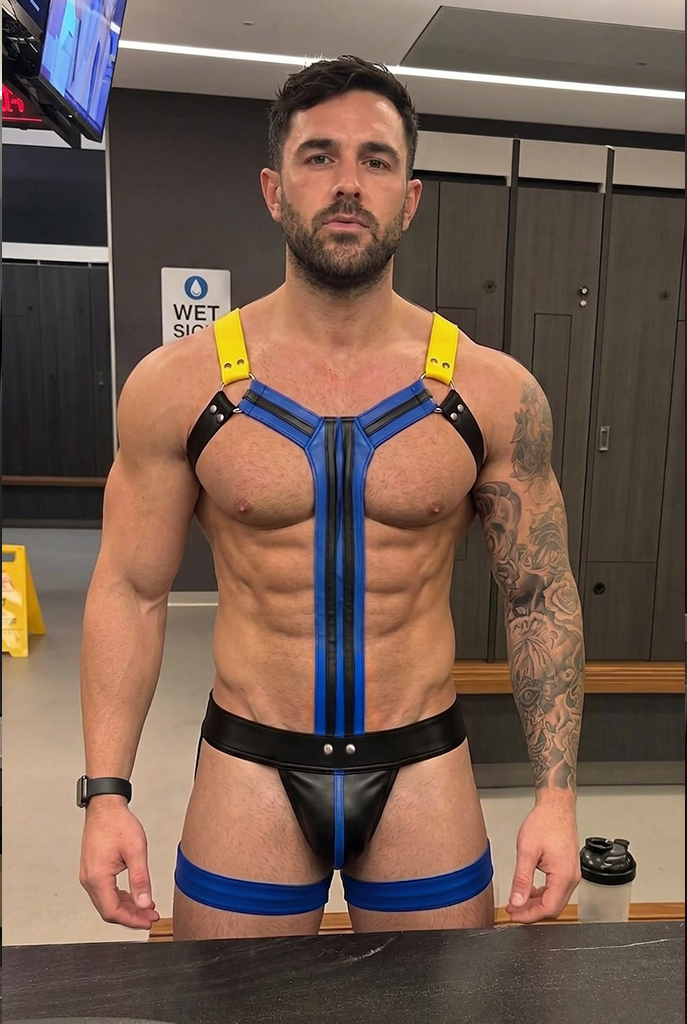 Mysteryglove PU Leather Colorblock Harness Set – Blue/Yellow Straps + Black Brief