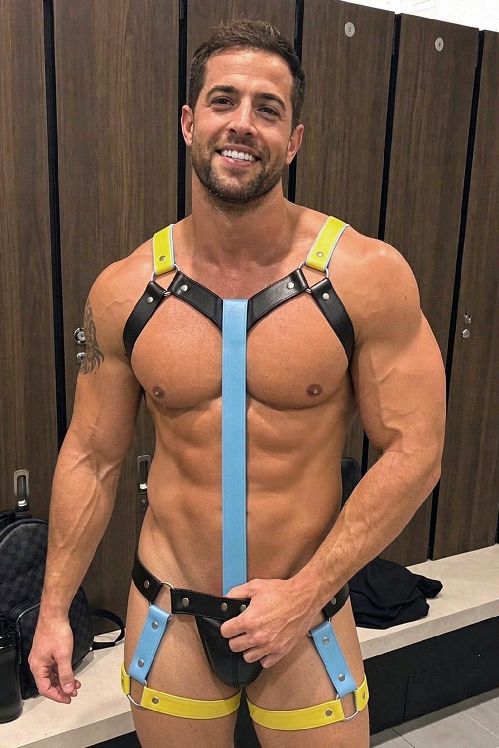 Mysteryglove PU Leather Colorblock Harness Set – Sky Blue Center Strap + Neon Yellow Accents