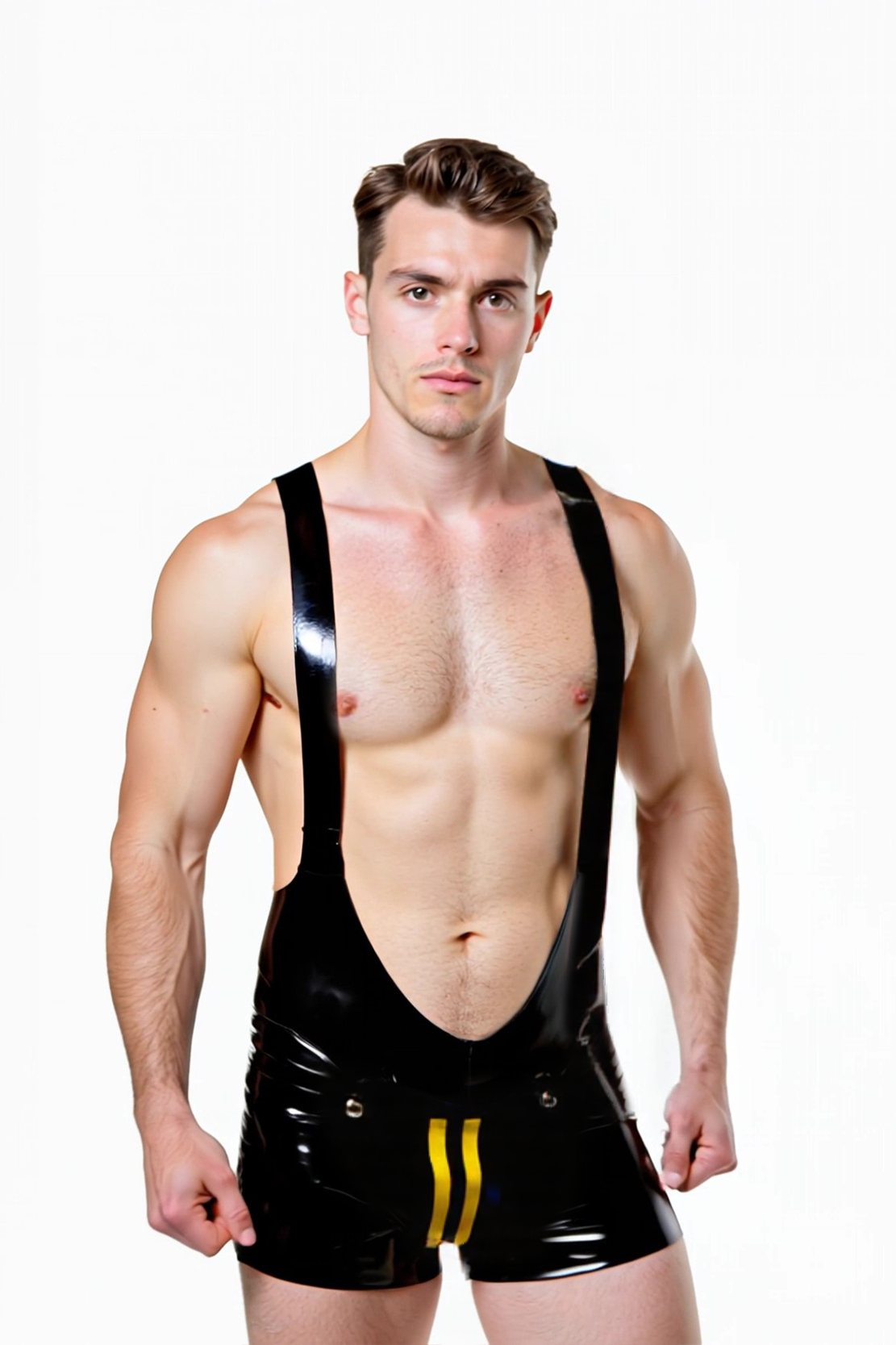 Mysteryglove Men’s Suspender Romper – Cross-Back Straps & Shiny Finish