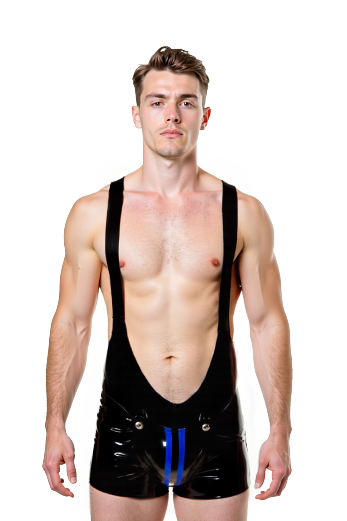 Mysteryglove Men’s Suspender Romper – Cross-Back Straps & Shiny Finish