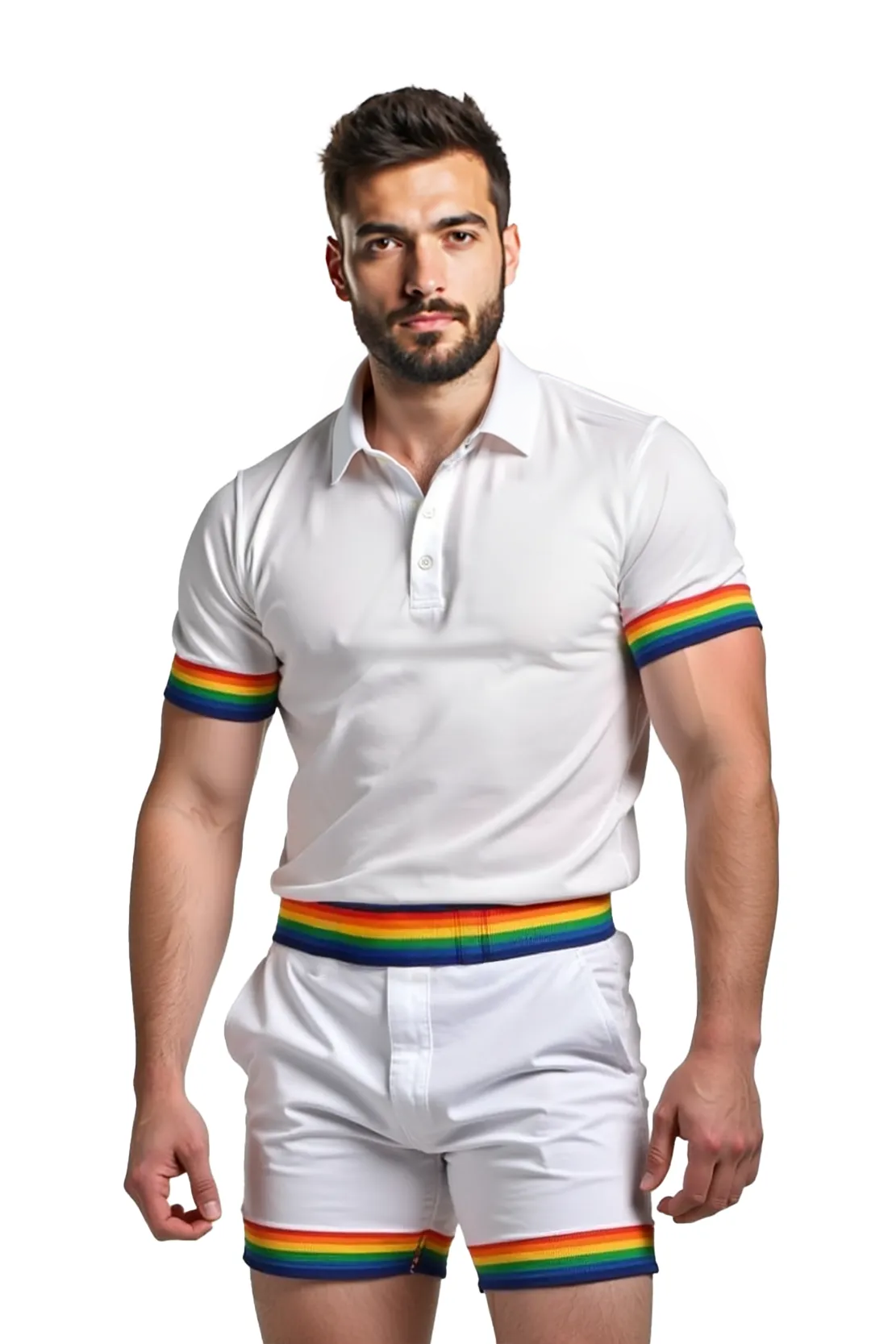 Men's White Polo & Shorts Set with Rainbow Trim