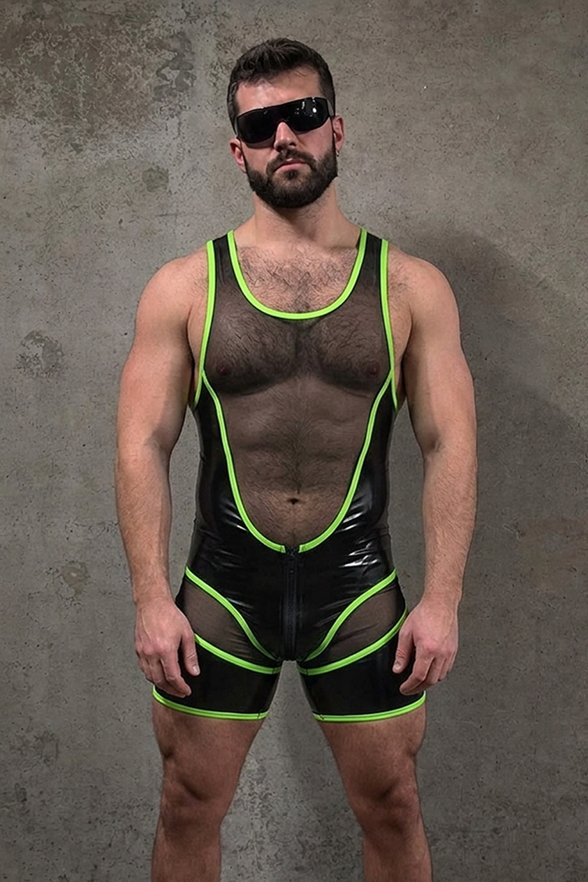 Mysteryglove Sheer Panel Singlet — Front Zip + Contrast Trim, Short-Leg Fit