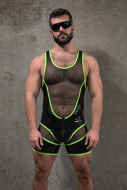 Mysteryglove Sheer Panel Singlet — Front Zip + Contrast Trim, Short-Leg Fit