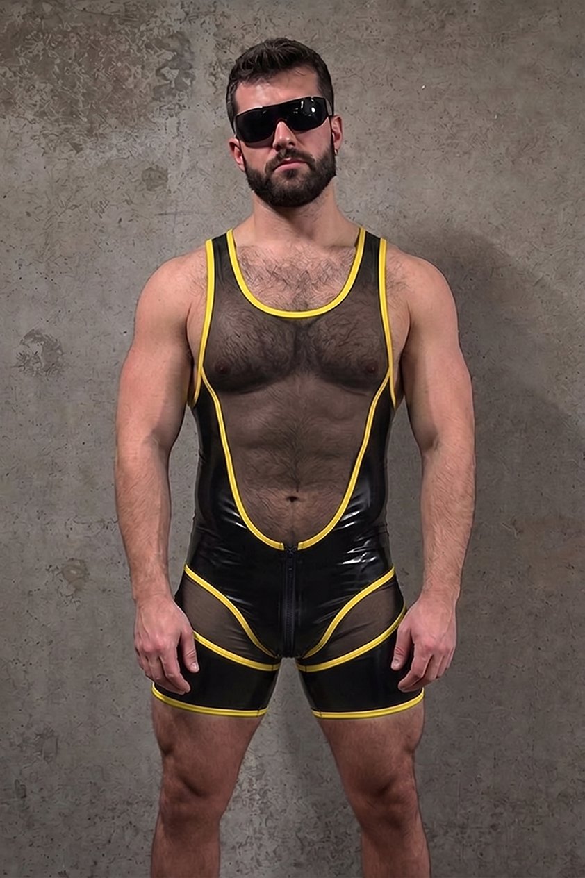 Mysteryglove Sheer Panel Singlet — Front Zip + Contrast Trim, Short-Leg Fit