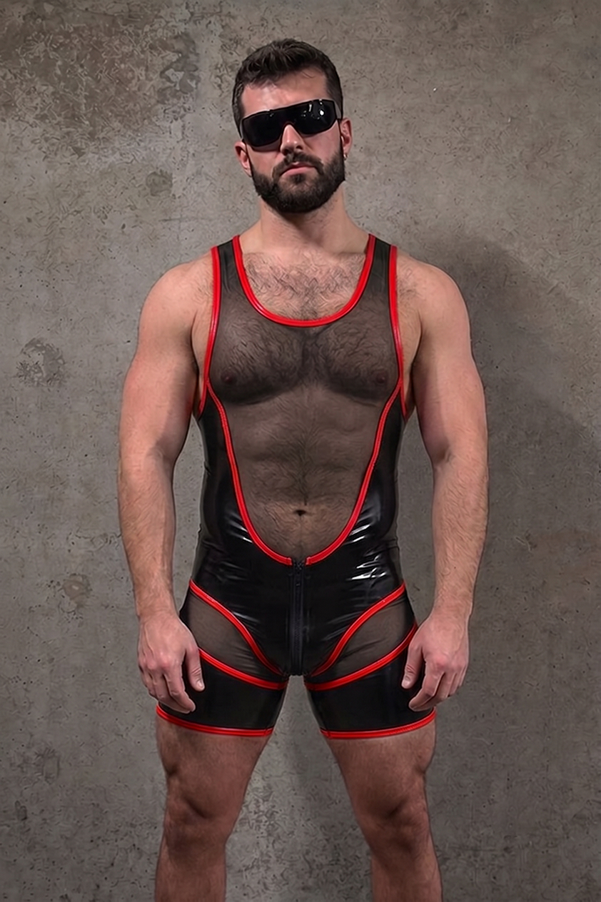 Mysteryglove Sheer Panel Singlet — Front Zip + Contrast Trim, Short-Leg Fit