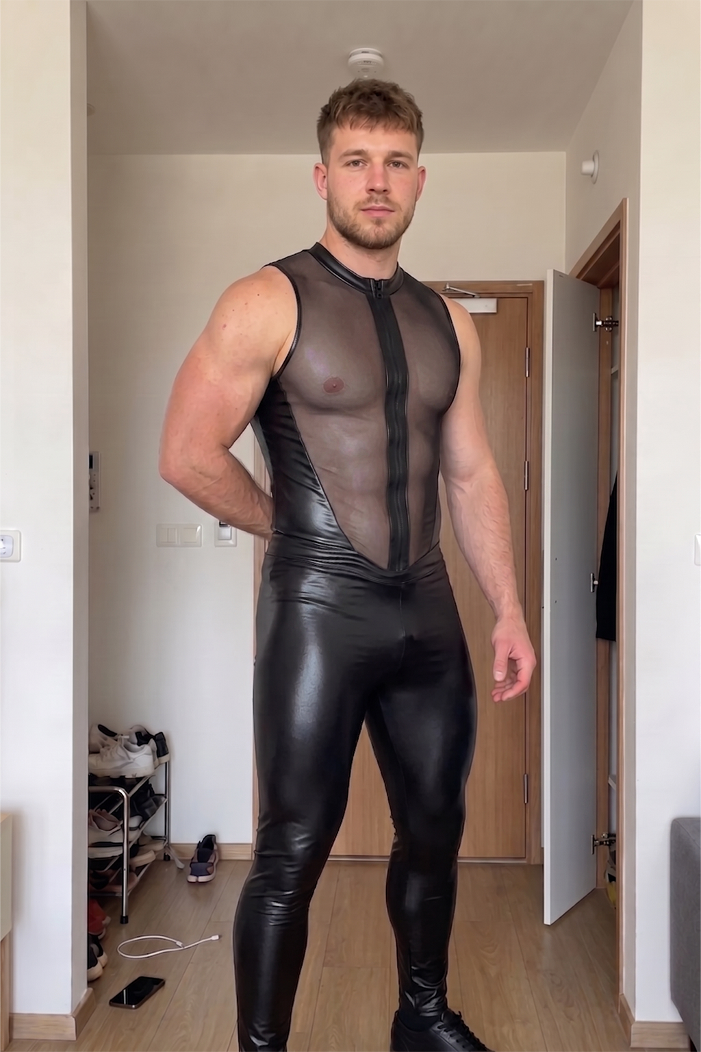 Mysteryglove Men's Black Mesh Panel Zip-Up Bodysuit Sleeveless Slim Fit One-Piece Jumpsuit