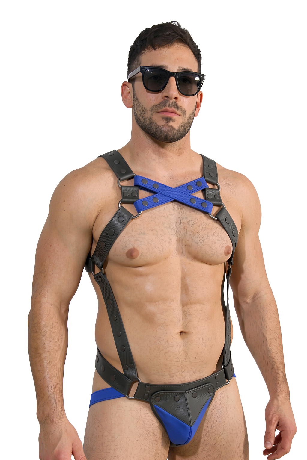 Mysteryglove Blue X-Chest Harness Set — Rivet Straps + Matching Jockstrap