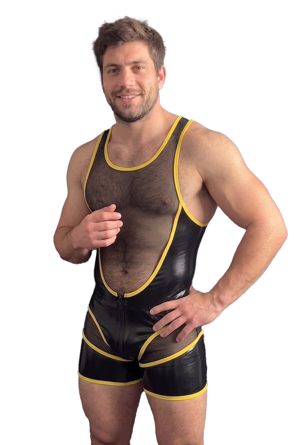 Mysteryglove Sheer Panel Singlet — Front Zip + Contrast Trim, Short-Leg Fit