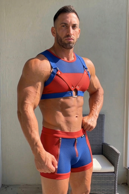 Mysteryglove Men's Red & Blue Mesh Harness Shorts Set